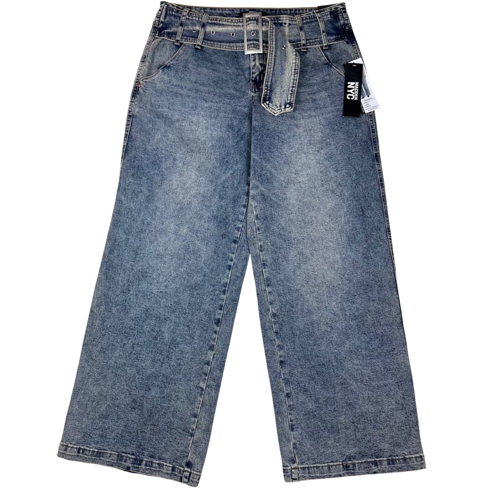 Madden NYC Grommet Belted Jean Slouchy Wide Leg Women 12 Vintage Indigo Y2K Chic
